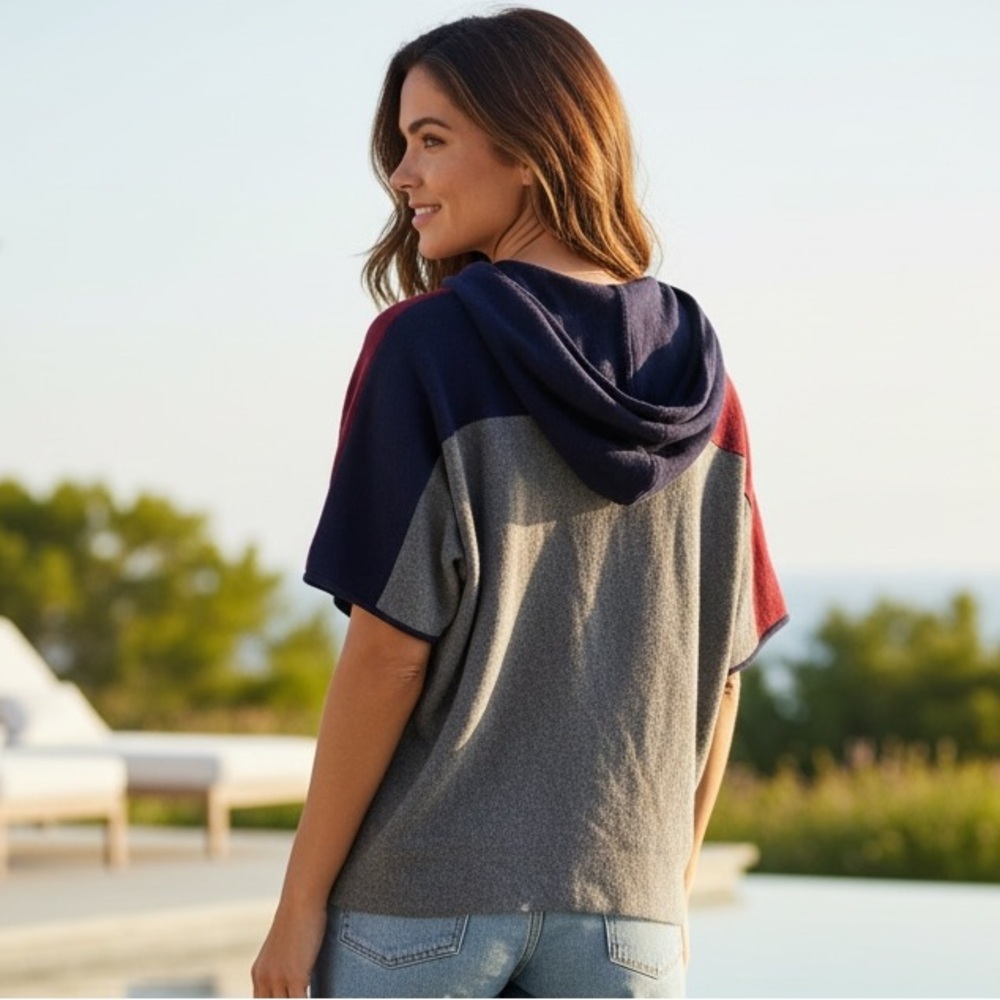 Tory Burch Colorblock Hoodie Sweater, Navy Gray Red, Designer Casual, Size XS